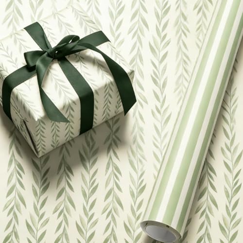 Whaline Greenery Striped Wrapping Paper -Mini Roll- Double-Sided 17 In x 32.8 Ft Beige Green Watercolor Leaves Stripe Gift Wrap Paper for Birthday Baby Shower Wedding Party Supplies