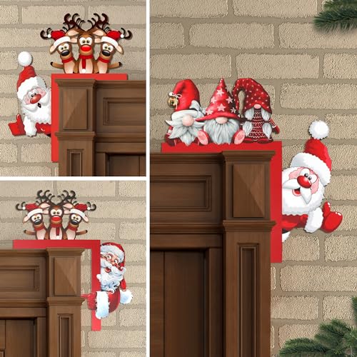 3PCS Christmas Door Corner Decoration,Christmas Santa Claus Reindeer Door Sign Wall Retro Door Frame Decorations Wooden Sculpture for Living Room Bedroom Office Frame Xmas Party Props Gifts Home Decor