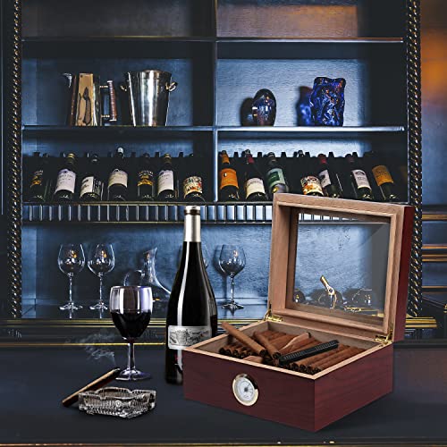 Somduy Cigar Humidor For 30-50 Cigars With Humidifier And Hygrometer,Desktop Cedar Wood Cigar Box Storage Case With Divider, Glass Top, Gift For Men,Reddish Brown #TOP5