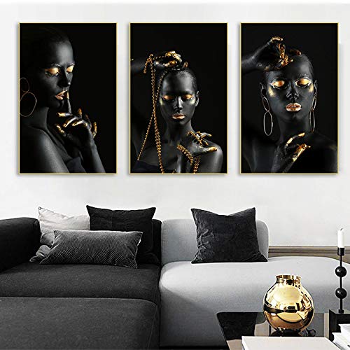 Decoration murale femme noire triptyque grand format pour habiller un grand mur vide 80x120cm