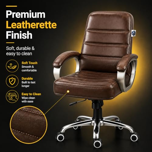 Image of Zen Executive Ergonomic Office Chair for Work from Home | Leatherette Revolving Chair with 360 Swivel, Chrome Base & Cushioned Seat (Brown, Mid Back)