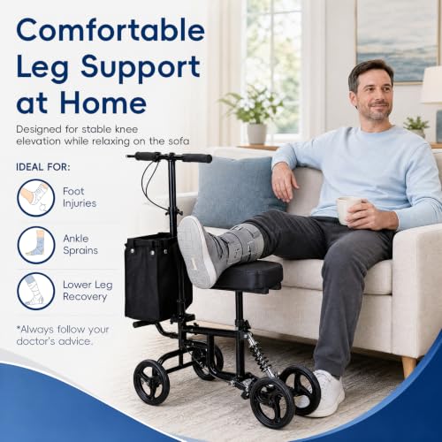 Image of Knee Scooter for Adults Foldable High Carbon Steel Knee Roller Scooter with Shock Absorption & Removable Bag, Adjustable Knee-Scooter for Foot /Ankle Surgery Recovery (Black 2)