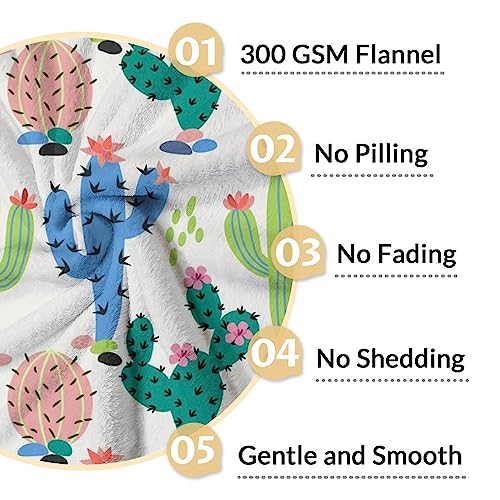 Cactus Throw Blanket - Soft, Fuzzy & Warm - 50x60 Inches Flannel Blankets for Living Room, Sofa - White Aesthetic Throws Gift for Teen