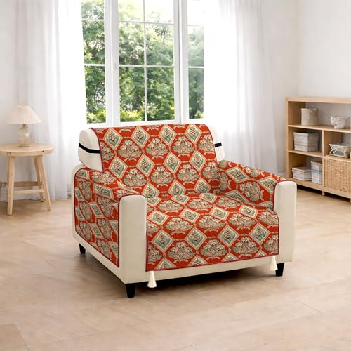 Image of Cloth Fusion 300 GSM Quilted Jaipuri Theme Printed 1 Seater Sofa Cover Mat-Style Fully Covered with Armrest Pockets, Adjustable Straps & Lock Fit (60 cm Seat Run, Diamond Trellis)