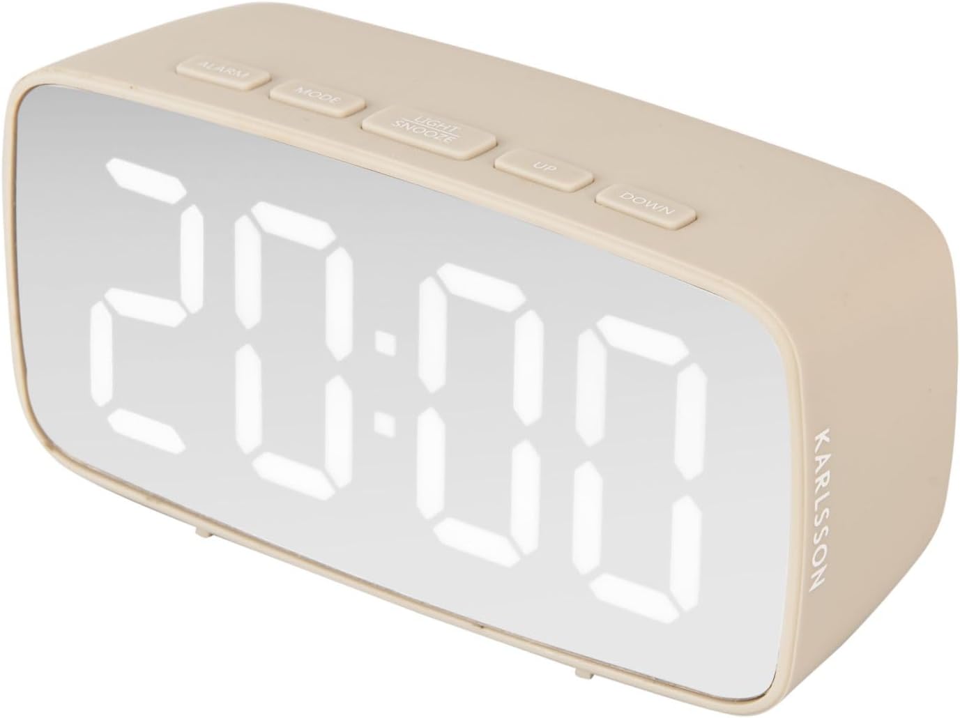Side view of the Karlsson Silver Mirror LED Alarm Clock showing the Karlsson branding.