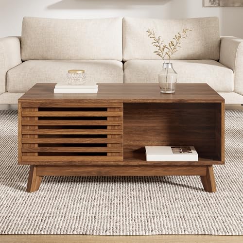 Easexcy Mesa de centro, mesa de altura ajustable, puerta corredera, aspecto de nogal, cuerpo de MDF, mesa de salón multifuncional, 90 x 55 x 57,5 cm