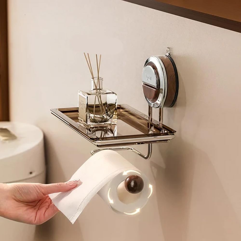 Soporte de papel higiénico de acero inoxidable de succión fuerte sin taladrar, se mantiene fuerte y estable, soporte para rollo de papel higiénico con estante para baño, estante de almacenamiento con
