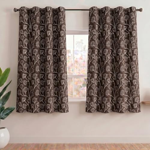 Image of Home Sizzler Ginkgo Leaf Eyelet Polyester Semi-Transparent Window Curtains - 5 Feet, Pack of 2, Light Brown