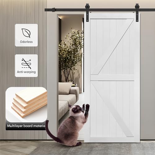 Image of S&Z TOPHAND 36in x 96in MDF Barn Door with 6.6FT Sliding Door Hardware Kit, 30-60in Solid Barn Door Slab Covered with Water-Proof PVC Surface