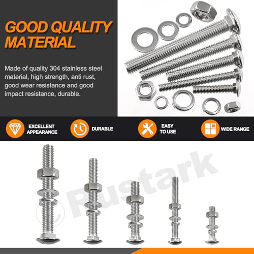 Image of 80Pcs 5 Sizes 304 Stainless Steel Carriage Bolts with Nuts and Washers Kit Silver Square Neck Carriage Bolts Screws Metric Round Head Carriage Bolt for Machinery Industry