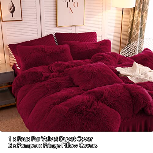 Image of LIFEREVO Luxury Plush Shaggy Duvet Cover Set, Soft Velvet Fluffy Furry Duvet Cover Set(1 Faux Fur Fuzzy Comforter Cover+2 Pom Poms Pillow Shams)Christmas Bedding Set, with Zipper(Full /Queen, Burgundy)