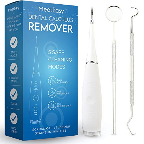 Electric Sonic Dental Calculus Plaque Remover Tool Kit - Tooth Scraper Tartar Removal Cleaner - Teeth Stain Eraser Polisher - Remove Tarter for Kids Adult - 100% Proven Safe (White + Mirror/Pick)