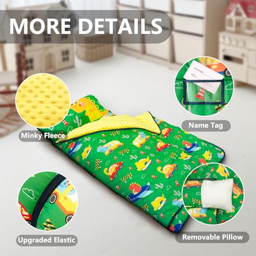 Image of Primlect Thickened Toddler Nap Mat with Removable Pillow and Minky Blanket, Extra Large 55''x35'' Sleeping Bag, Washable, Roll up, Perfect for Daycare, Preschool, Kindergarten, Boys and Girls Dinoaur