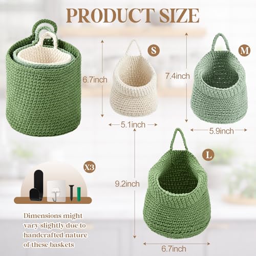 Image of Honeydak 3 Hanging Baskets, Sage Color Palette, Barrel, Cotton Rope