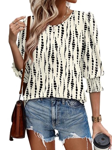 Image of XIEERDUO Blouses for Women Dressy Casual 3 /4 Length Sleeve Womens Tops with Smocked Cuffs