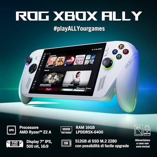 ROG Xbox Ally RC73YA, Console Gaming, Display 7" Glossy touchscreen, 120Hz, AMD Ryzen Z2, RAM 16GB, 512GB SSD PCIE, Windows 11 Home, White - Videogame - Immagine 1