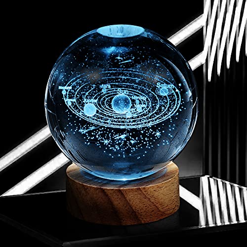 Image of 3D Solar System Crystal Ball Night Light with 16 Color LED Wooden Base, Upgraded 3.15 In Galaxy Planets Glass Ball Lamp with Remote Control Cool Astronomy Desk Decor Gifts for Kids Girls Boys Friends