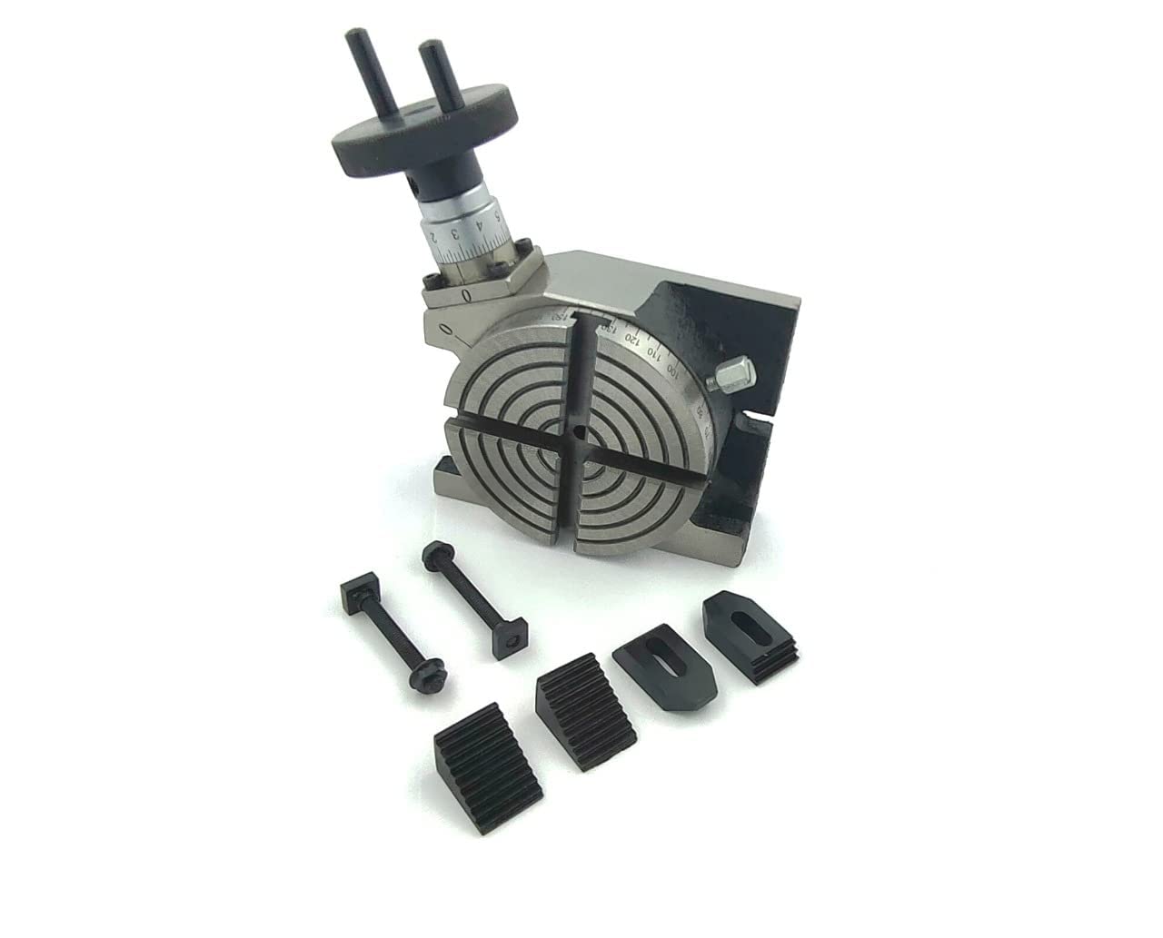 Tavola rotante per fresatrici, 100 mm, 4 fessure orizzontali e verticali con kit di morsetti M6 per strumenti di ingegneria