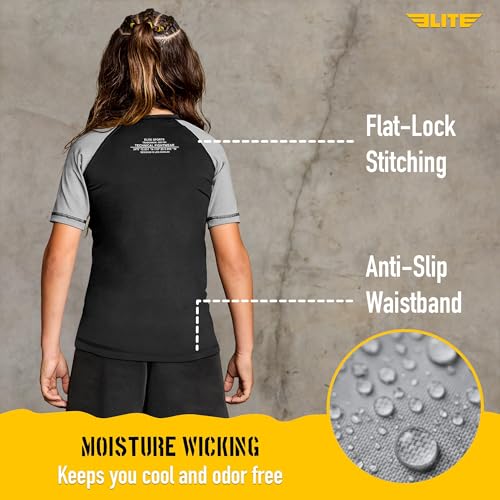 Image of Elite Sports Kids Jiu Jitsu BJJ Rash Guard, Short Half Sleeve Compression Shirt for Youth Boys Girls Sports Nogi Training