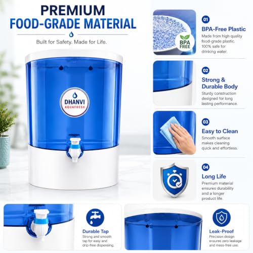 Image of DHANVI Aqua Fresh ISI Mark Water Purifier for Home | RO Water Purifier with Active Copper | UV Sanitization in Tank | 10L Storage | Food Grade ABS Body | Suitable for Borewell