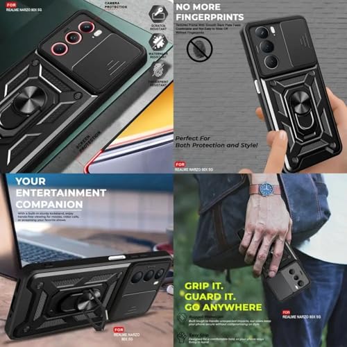 Image of SPAZY CASE Realme Narzo 80x 5G Back Cover | Heavy Duty Hybrid Case with 360 Degree Rotating Finger Ring Holder + Slider Shutter Camera Protection Case for Realme Narzo 80x 5G - Black