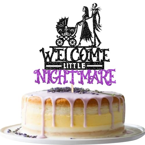 1 PCS Welcome Little Nightmare Cake Topper Glitter Skeleton Crriage Baby Shower Cake Pick for Newborn Nightmare Before Christmas Halloween Theme Birthday Party Cake Decorations Supplies