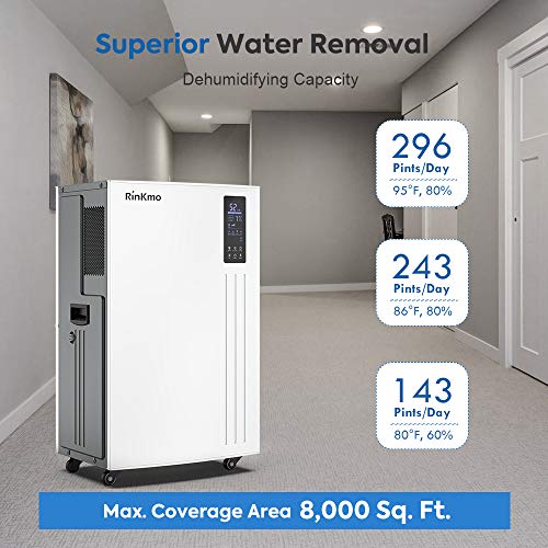 RINKMO Commercial Dehumidifier 296 PPD, Large Industrial Water Damage Restoration Dehumidifier with Garden Hose for Warehouse Drying, Basement & Job Sites - Up to 37 Gallons Water Removal per Day