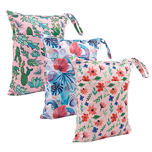 Image of Babygoal Wet Dry Bags for Baby Cloth Diapers, Washable Travel Bags, Beach, Pool, Gym Bag for Swimsuits & Wet Clothes with Two Zippered Pockets 3 Pack, 3LN18