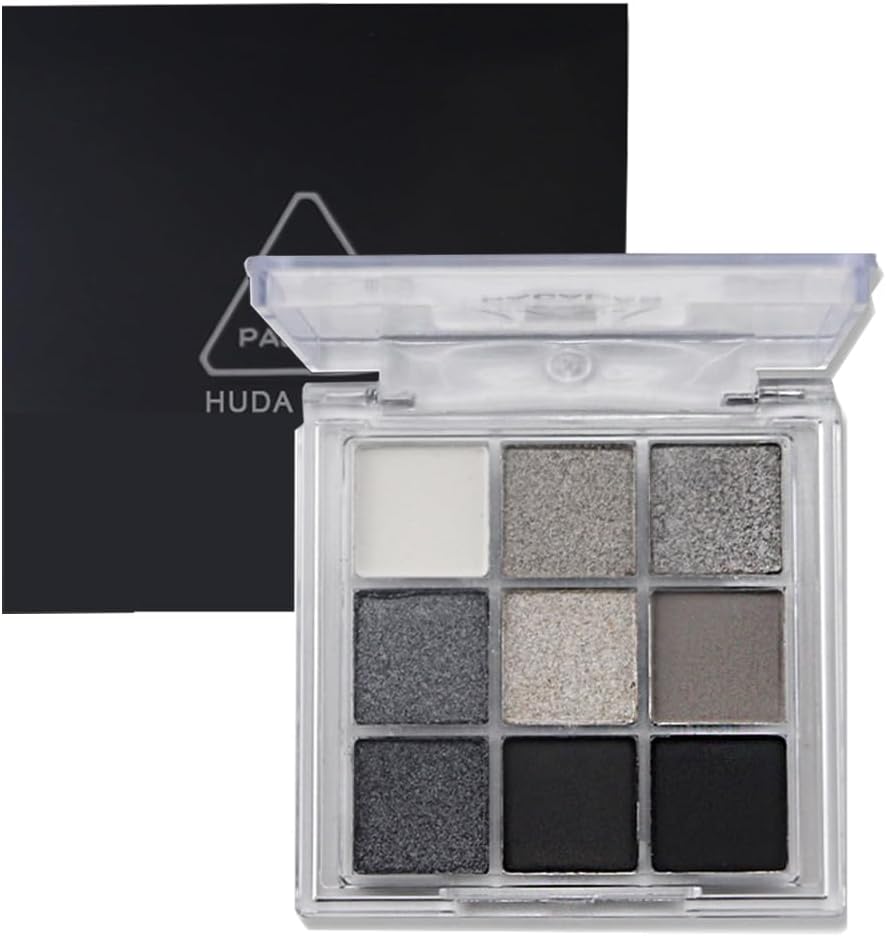 Oogschaduwpalet in 9 kleuren, mat en parelzwart, smoky oogschaduw, make-up, zilveren glitter, grijze oogschaduw met spiegel, waterdicht, sterk gepigmenteerde oogschaduw (grijs)