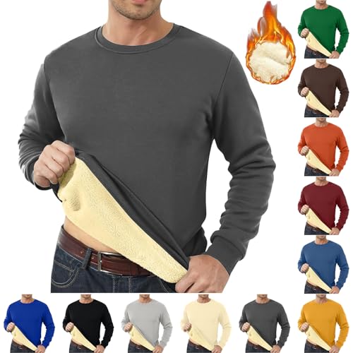 Sherpa Lined Sweatshirts for Men Long Sleeve Fleece Crewneck Sweatshirt Loose Classic Fuzzy Comfy Pullover Hoodie Top