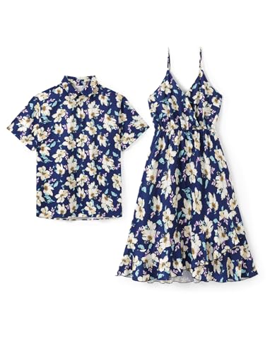 Image of PATPAT Couples Matching Outfits Hawaiian Women Dresses & Men Shirts | Matching Cruise Outfits for Couples, Beach Vacation Outfits, Spaghetti Strap Midi Sundress, Men Boho Tropical Print Shirt