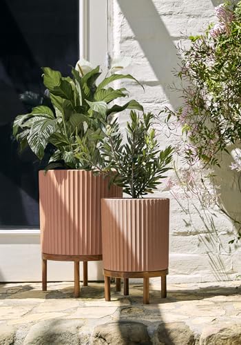 Image of Veradek Demi Series Raised Duo Planters - Set of 2 Planters with Stands | Made From a Durable Plastic-Stone Composite & Comes With Wooden Stand. Modern Porch /Patio Decor