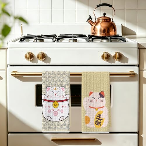 Image of 2 Pcs Japanese Lucky Cat Kitchen Towels 24x14 Inch, Maneki Neko Gifts Reusable Dish Towels for Kitchen Bathroom Decor, Waffle Weave Hand Cloth Tea Towel, Cute Cat Gifts for Women Mom Friend