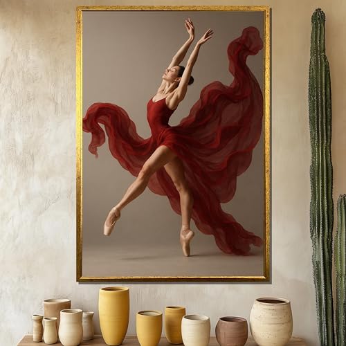 Tableau sur toile ballerine robe rouge 50x75 cm pour déco murale