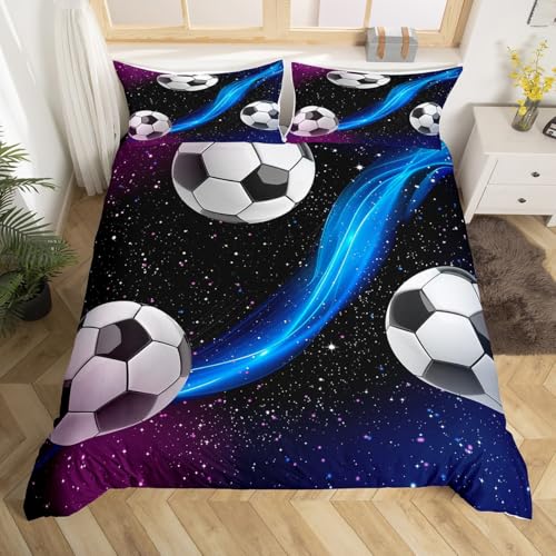 richhome Juego de ropa de cama con diseño de balón de fútbol, funda de edredón para niños y niñas, funda de edredón con temática deportiva, galaxia espacial, con 2 fundas de almohada, 3 piezas, tamaño