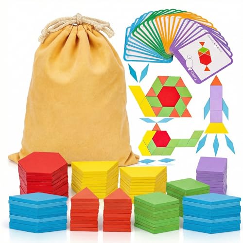 LovesTown 209 PCS Shapes Wooden Pattern Blocks for Kids, Geometric with Activity Cards and Storage Bag, Educational Tangram Puzzles,Great Learning Gift from Parents or Teachers