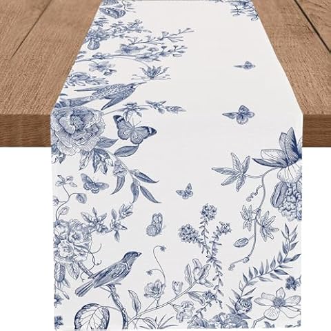PROCIDA Navy Blue Floral Bird Table Runner Spring Summer Blue and White Table Runners Spring Seasonal Holiday Kitchen Dinning Decor for Indoor Outdoor Home Party 13x108 Inch Cover
