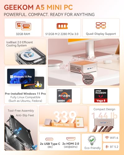 Image of GEEKOM A5 Mini PC with AMD Ryzen 7 5800H, 3-Year Coverage, 32GB RAM(Upgradable, Not LPDDR)&512GB M.2 NVMe SSD, Windows 11 Pro Desktop Computer,SD Slot, 8K, Dual HDMI | Wi-Fi 6, BT 5.2 | Home & Office