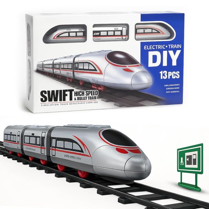 Image of Electric Bullet Train Toy Set with DIY Railway Track - 13 Pcs Battery Operated High Speed Simulation Train for Kids, Motorized Rail Playset Educational Birthday Gift for Boys & Girls