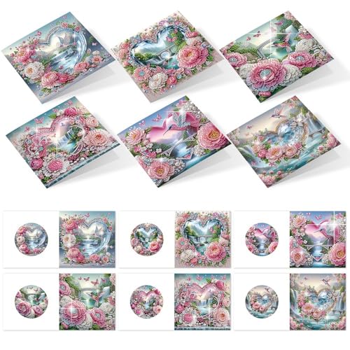 Image of 6 Pack Diamond Art Greeting Cards with Envelopes, Flowers and Hummingbirds DIY 5D Diamond Painting Card Kit, Handmade Rhinestone Postcards for Birthday & Valentine's Day Wishes (30x15cm)
