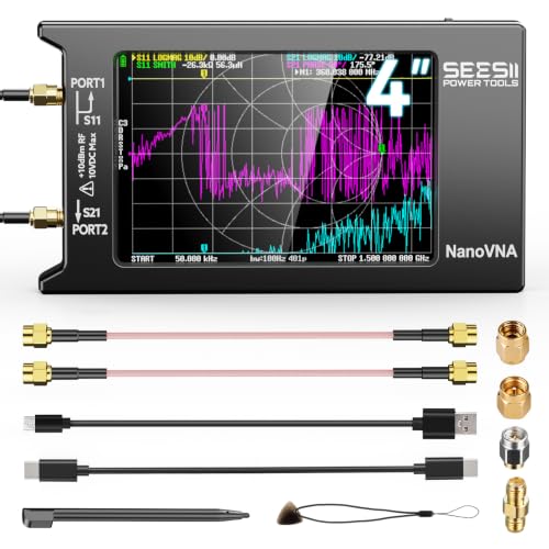 SEESII NanoVNA-H4 Vector Network Analyzer with 32GB Card, Latest V4.4 9KHz-1.5GHz HF VHF UHF 4" Touch Screen Nano Vna h4 Antenna Analyzer Measures Voltage Standing Wave Ratio, Phase,Delay,Smith Chart