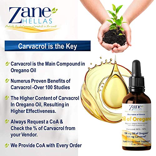 Zane Hellas 190 Mg Oregano Oil-164 Mg Carvacrol Per Serving-4 Drops Daily. 100% Greek Undiluted Oil Of Oregano. 86%-90% Min Carvacrol. Probably The Best Oregano Oil In The World. 2 Fl. Oz.- 60Ml #TOP5