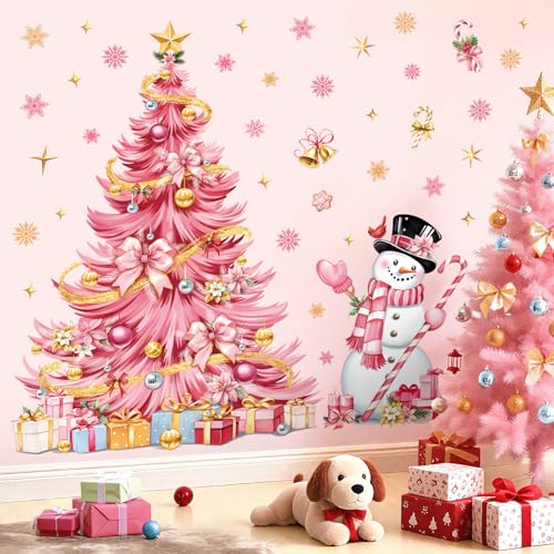 decalmile Adesivi Vetrofanie Grande Albero di Natale Rosa Adesivi Murali Pupazzo di Neve Fiocco di Neve Adesivi Finestra Natale Vetro Porta Decorazione