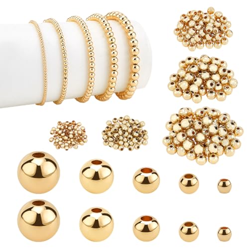 PH PandaHall 14K Gold Plated Spacer Beads 300pcs Round Brass Beads 5 Size Metal Smooth Beads Seamless Ball Beads Long-lasting Little Beads for Summer Bracelet Necklace Jewelry DIY Crafts(2/3/4/5/6mm)