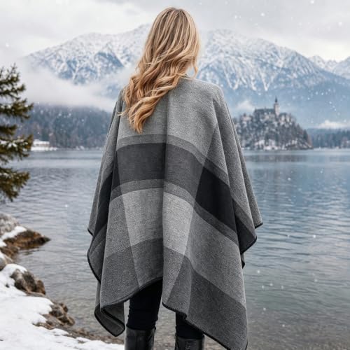 Image of Plaid Shawl Wrap for Women Boho Open Front Poncho Wrap Fall Winter