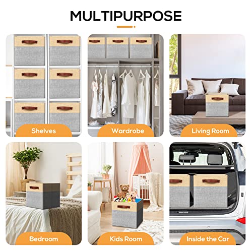 Mivcinn 3 Pcs Cubes Storage Boxes 28x28x28cm Foldable Storage Baskets with Handle and Base Panel, Folding Box Collapsible Organiser for Kallax Wardrobe Cabinet Chest Home, Yellow/Grey - Image 6