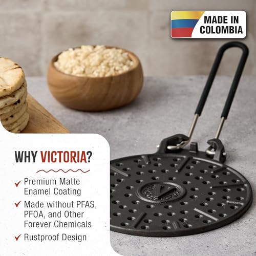 Image of Victoria 8 in Enamel-Coated Cast Iron Arepa Grill - Perforated Ridged Surface, Gas & Electric Stovetop Cooking