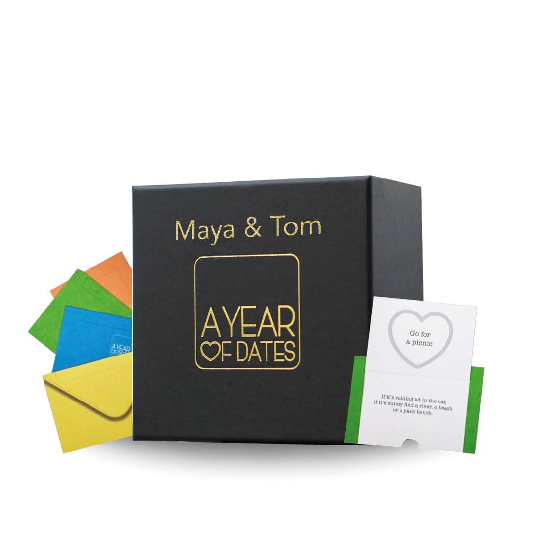 A Year Of Dates Personalised Date Ideas for Couples in 52 Sealed Cards. Thoughtful Personalised Christmas Gifts for Couples. Valentines Day, Anniversary or Wedding Day present.
