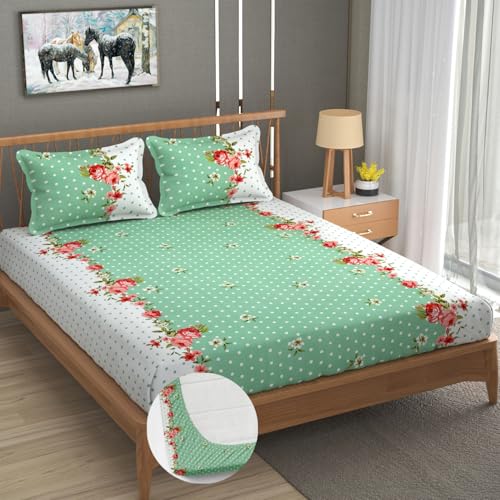 Image of Premium Heavy Cotton Elastic Fitted Bedsheets with 2 King Size Pillow Covers || Double Bed with All Around Elastic 350 TC || 72 x 78 x 10 Inch King Size Fitted || - Green Dot