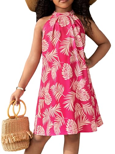 Floerns Girl's Sleeveless Halter Neck Tie Back Tropical Print Boho Summer Dress
